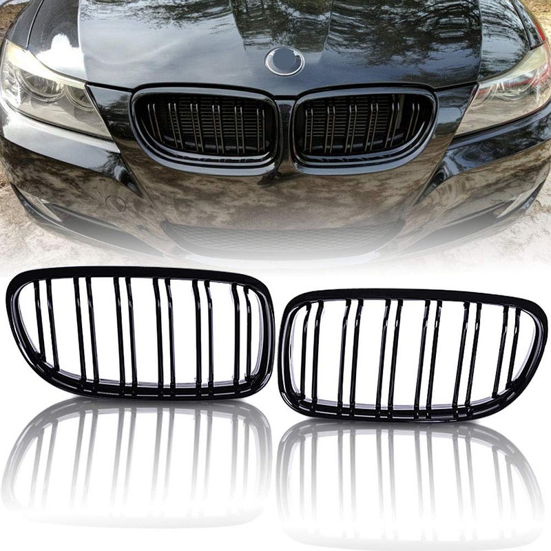 runmade Pair Front Hood Bumper Kidney Grille Center Grill Compatible with BMW 3 Series Sedan 320i 325i 328i 330i 335i (Glossy Black, Double Line, 2009-2011 E90 Sedan) - Image 2